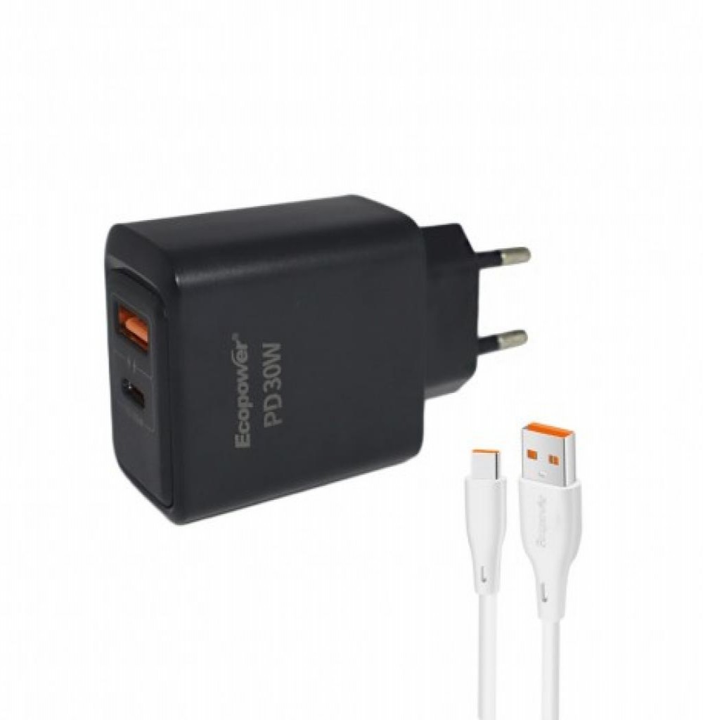 Carregador Para Celular Ecopower 30W EP-7075 USB-A+C Branco com cabo