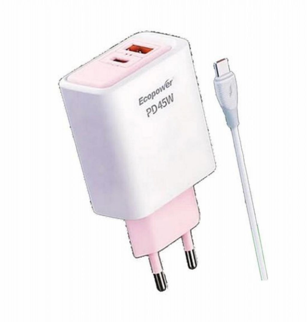 Carregador Para Celular Ecopower 45W EP-7074 USB-A+C Branco con cabo